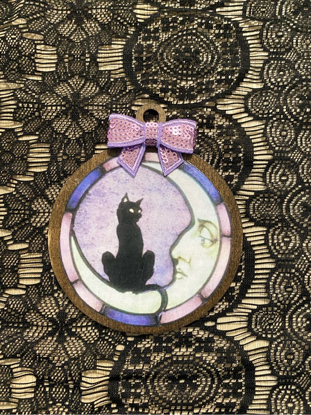 Cat on moon wooden ornament